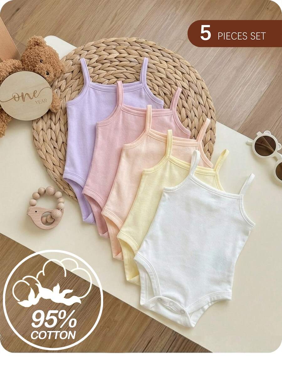 SHEIN 5pcs/Set Babygirl Casual Solid Color Knit Comfortable Spaghetti Strap Crotch Open Romper, Suitable For Summer - Pink - View 1