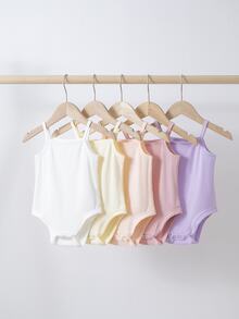 SHEIN 5pcs/Set Babygirl Casual Solid Color Knit Comfortable Spaghetti Strap Crotch Open Romper, Suitable For Summer - Pink - View 5