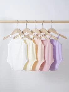 SHEIN 5pcs/Set Babygirl Casual Solid Color Knit Comfortable Spaghetti Strap Crotch Open Romper, Suitable For Summer - Pink - View 2