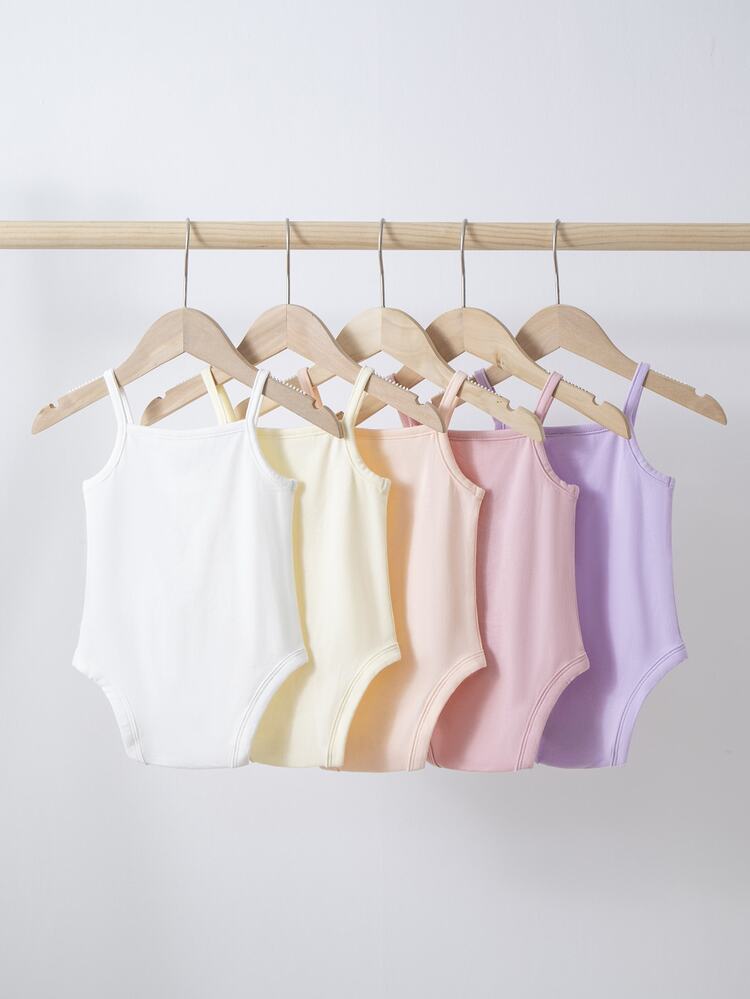 SHEIN 5pcs/Set Babygirl Casual Solid Color Knit Comfortable Spaghetti Strap Crotch Open Romper, Suitable For Summer - Pink - View 2