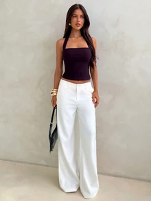 Aloruh Women's Solid Color Halter Neck Fashion Backless Casual Slim Fit Top - Purple - View 3
