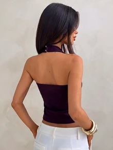 Aloruh Women's Solid Color Halter Neck Fashion Backless Casual Slim Fit Top - Purple - View 2