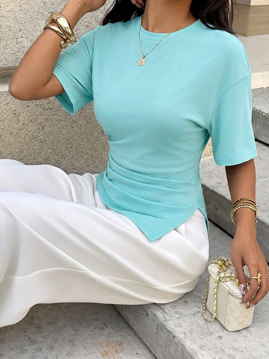 Aloruh 女款休閒百搭棕色圓領收腰不對稱夏季上衣 T-shirt - 青碧色 - 查看 1