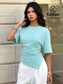 Aloruh 女款休閒百搭棕色圓領收腰不對稱夏季上衣 T-shirt - 青碧色 - 查看 3