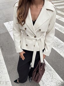 Aloruh 女款純色腰綁帶休閒法式優雅百搭日常通勤風衣外套 辦公旅行 棕色系 秋季 - 米色 - 查看 5