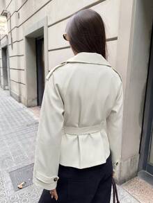 Aloruh 女款純色腰綁帶休閒法式優雅百搭日常通勤風衣外套 辦公旅行 棕色系 秋季 - 米色 - 查看 2