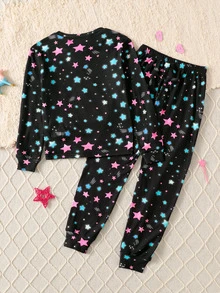 SHEIN Tween Girl 秋/冬 針織螢光可愛卡通獨角獸與星星圖案圓領T恤 + 長褲貼身居家服 4件套，抓毛加厚搖粒布內裡，適合秋/冬，黑色，隨機發送2件 - 黑色 - 查看 2