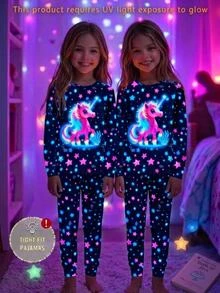SHEIN Tween Girl 秋/冬 針織螢光可愛卡通獨角獸與星星圖案圓領T恤 + 長褲貼身居家服 4件套，抓毛加厚搖粒布內裡，適合秋/冬，黑色，隨機發送2件 - 黑色 - 查看 8