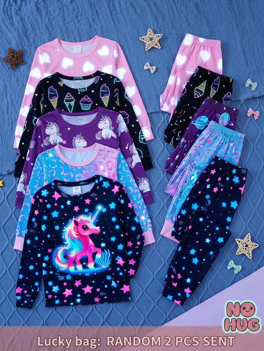 SHEIN Tween Girl 秋/冬 針織螢光可愛卡通獨角獸與星星圖案圓領T恤 + 長褲貼身居家服 4件套,抓毛加厚搖粒布內裡,適合秋/冬,黑色,隨機發送2件 - 黑色 - 查看 1