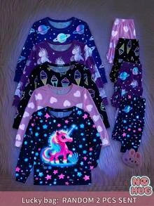 SHEIN Tween Girl 秋/冬 針織螢光可愛卡通獨角獸與星星圖案圓領T恤 + 長褲貼身居家服 4件套，抓毛加厚搖粒布內裡，適合秋/冬，黑色，隨機發送2件 - 黑色 - 查看 7