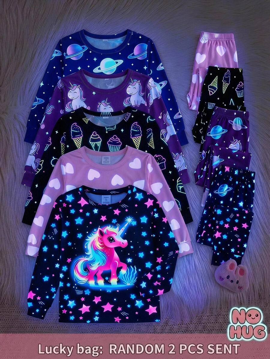 SHEIN Tween女孩秋冬針織螢光可愛卡通獨角獸與星星圖案圓領T恤+長褲貼身居家服4件套,保暖內裡刷毛厚實面料,適合秋冬,黑色,隨機發送2件 - 黑色 - 查看 1