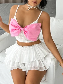 SHEIN ICON Y2k Slim Fit Jacquard Pattern Mesh Sheer Camisole Top With Extra Large Bow Decoration White Camisole Top Kpop Style Going Out Top Concert Summer - White - View 7