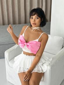 SHEIN ICON Y2k Slim Fit Jacquard Pattern Mesh Sheer Camisole Top With Extra Large Bow Decoration White Camisole Top Kpop Style Going Out Top Concert Summer - White - View 5