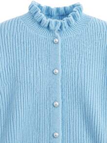 Balvessa Autumn/Winter French Style Solid Color Mock Neck Single-Breasted Ruffle Collar Knit Cardigan Top - Blue - View 5