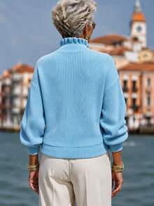 Balvessa Autumn/Winter French Style Solid Color Mock Neck Single-Breasted Ruffle Collar Knit Cardigan Top - Blue - View 3