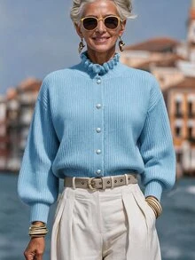 Balvessa Autumn/Winter French Style Solid Color Mock Neck Single-Breasted Ruffle Collar Knit Cardigan Top - Blue - View 2