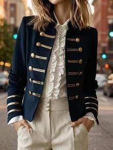 SHEIN Clasi Plus Size Autumn/Winter Colorblock Metal Buckle Napoleon Vintage Chic Military-Style Double-Breasted Buttoning Jacket - Navy Blue - View 1