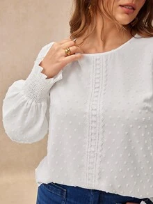 EMERY ROSE New Plus Size Women's Vacation Casual Woven Textured Fabric Fashion Round Neck Regular Fit Spring/Autumn Shirt Fall - White - View 5