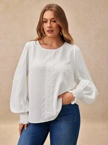 EMERY ROSE New Plus Size Women's Vacation Casual Woven Textured Fabric Fashion Round Neck Regular Fit Spring/Autumn Shirt Fall - White - View 7
