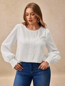 EMERY ROSE New Plus Size Women's Vacation Casual Woven Textured Fabric Fashion Round Neck Regular Fit Spring/Autumn Shirt Fall - White - View 4