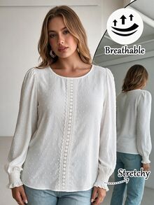 EMERY ROSE New Plus Size Women's Vacation Casual Woven Textured Fabric Fashion Round Neck Regular Fit Spring/Autumn Shirt Fall - White - View 3