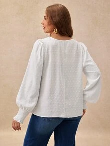 EMERY ROSE New Plus Size Women's Vacation Casual Woven Textured Fabric Fashion Round Neck Regular Fit Spring/Autumn Shirt Fall - White - View 2