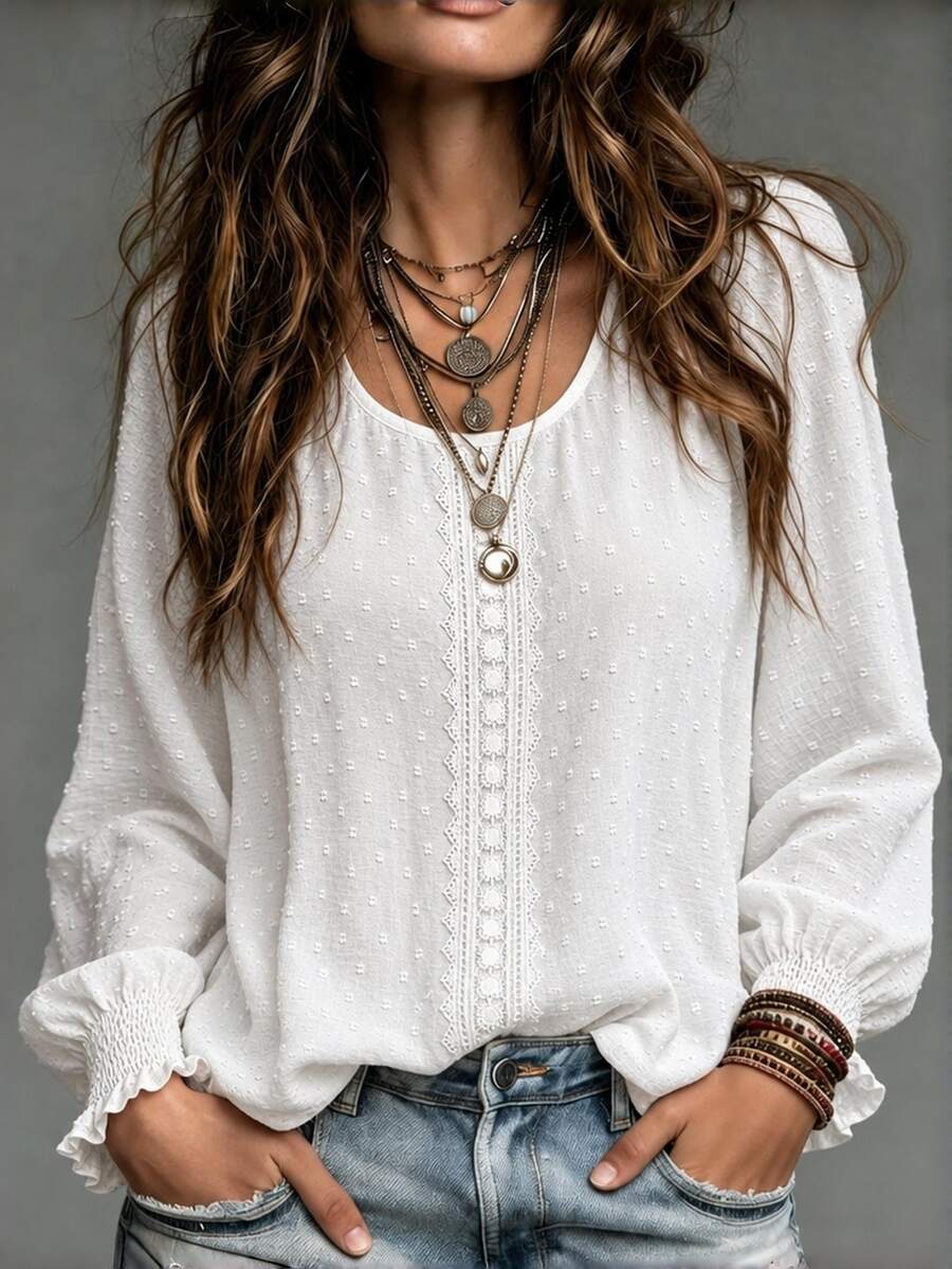 EMERY ROSE New Plus Size Women's Vacation Casual Woven Textured Fabric Fashion Round Neck Regular Fit Spring/Autumn Shirt Fall - White - View 1