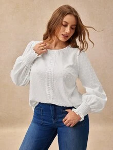 EMERY ROSE New Plus Size Women's Vacation Casual Woven Textured Fabric Fashion Round Neck Regular Fit Spring/Autumn Shirt Fall - White - View 6