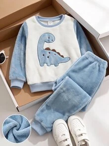 Bubblio Young Boy Winter Cartoon Embroidered Animal Pattern Crew Neck Regular Shoulder Long Sleeve Top & Long Pants Soft Comfortable Double-Sided Flannel Pajama Set 2pcs - Blue and White - View 1