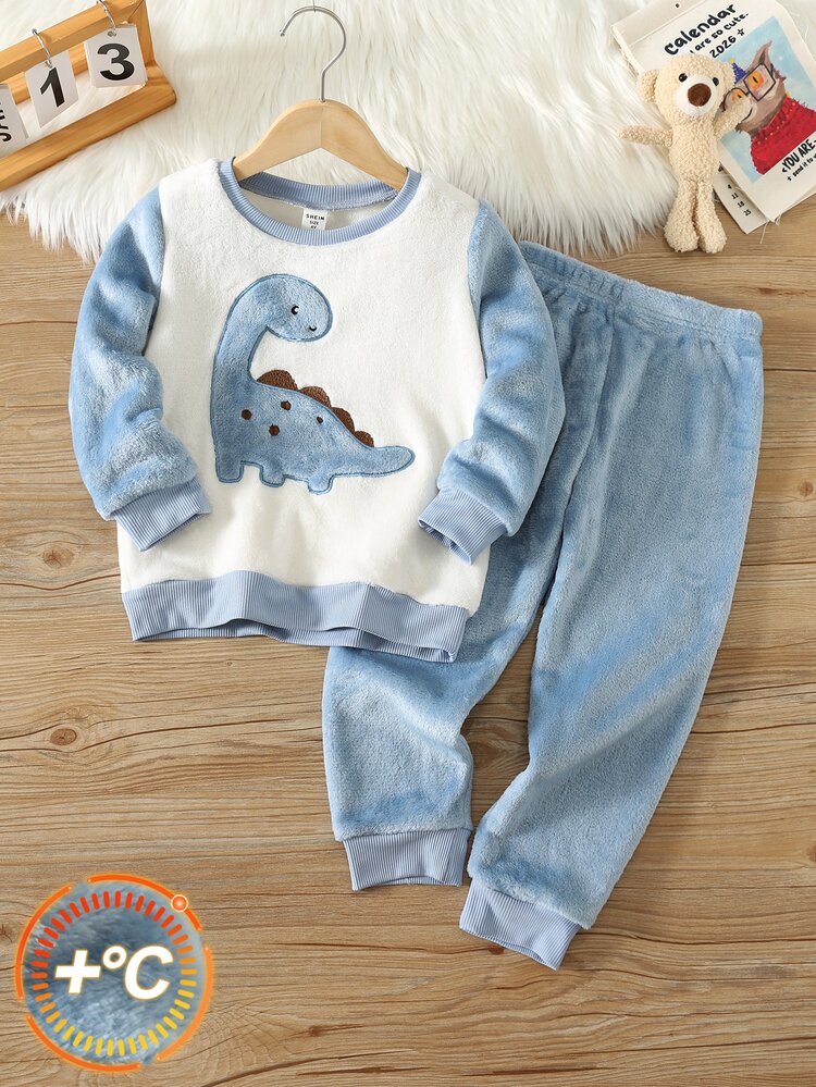 Bubblio Young Boy Winter Cartoon Embroidered Animal Pattern Crew Neck Regular Shoulder Long Sleeve Top & Long Pants Soft Comfortable Double-Sided Flannel Pajama Set 2pcs - Blue and White - View 4