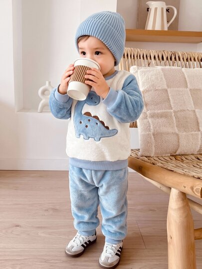 Bubblio Young Boy Winter Cartoon Embroidered Animal Pattern Crew Neck Regular Shoulder Long Sleeve Top & Long Pants Soft Comfortable Double-Sided Flannel Pajama Set 2pcs