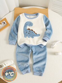 Bubblio Young Boy Winter Cartoon Embroidered Animal Pattern Crew Neck Regular Shoulder Long Sleeve Top & Long Pants Soft Comfortable Double-Sided Flannel Pajama Set 2pcs - Blue and White - View 5