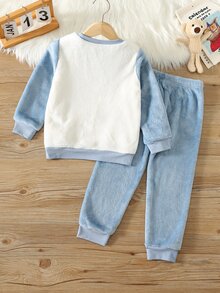 Bubblio Young Boy Winter Cartoon Embroidered Animal Pattern Crew Neck Regular Shoulder Long Sleeve Top & Long Pants Soft Comfortable Double-Sided Flannel Pajama Set 2pcs - Blue and White - View 6