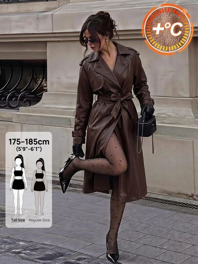 SHEIN Tall Gabardina de PU con doble botonadura y cinturón