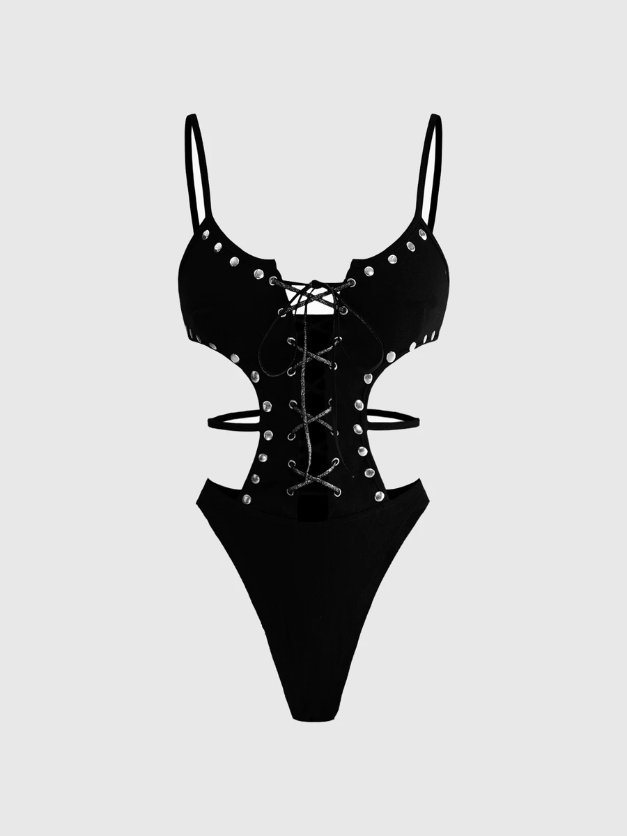 ROMWE Y2K Sexy Halloween Punk Rivet Patchwork Strappy Cutout Women's Bodysuit - Black - View 1