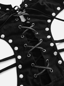 ROMWE Y2K Sexy Halloween Punk Rivet Patchwork Strappy Cutout Women's Bodysuit - Black - View 2