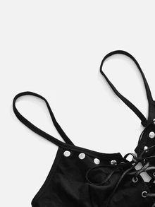 ROMWE Y2K Sexy Halloween Punk Rivet Patchwork Strappy Cutout Women's Bodysuit - Black - View 4