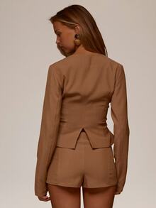 MUSERA V Neck Wrap Over Lace Up Side Detail Fitted Cinched Tailored Coord Blazer  Fall Autumn Winter Cute Office Daily Butter Tailoring - Khaki - View 5