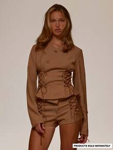 MUSERA V Neck Wrap Over Lace Up Side Detail Fitted Cinched Tailored Coord Blazer  Fall Autumn Winter Cute Office Daily Butter Tailoring - Khaki - View 1