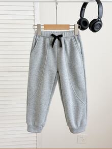 SHEIN Kids Young Boy Young Boy Casual Daily Versatile Comfortable Sweatpants With Pockets Drawstring Loose Fleece Solid Color Bottoms Winter - Grey - View 4