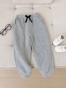 SHEIN Kids Young Boy Young Boy Casual Daily Versatile Comfortable Sweatpants With Pockets Drawstring Loose Fleece Solid Color Bottoms Winter - Grey - View 3