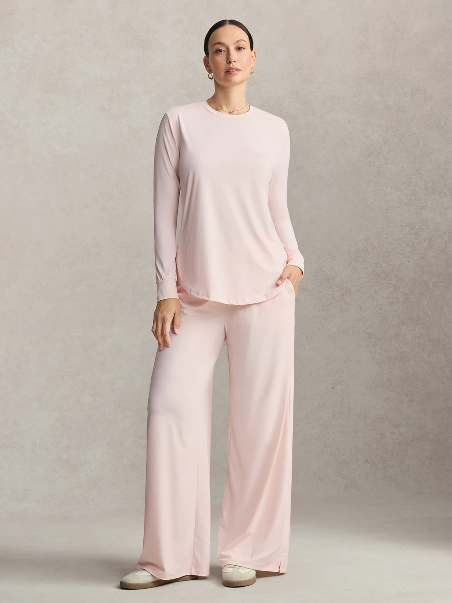 Activina Women's Solid Color Round Neck Long Sleeve T-Shirt And Pants Sports Set - Pink - View 1