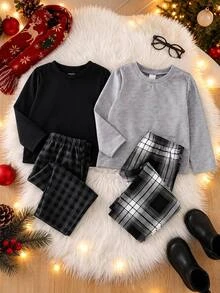 SHEIN 男嬰秋冬聖誕格紋長袖褲 4件套 - 黃色 - 查看 6