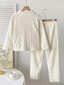 2件組女孩大童雙面刷毛提花長袖圓領居家服套裝，適合前青春期女孩的居家服，百搭時尚，最佳禮物首選 - 杏色 - 查看 4