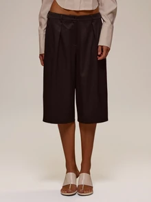 MUSERA Pleated Tailored Style Bet Loop Waist Loose Fit Low Rise Longline Shorts  Autumn Winter Fall Cute Sexy Holiday Coolgirl Butter Tailoring - Black - View 3