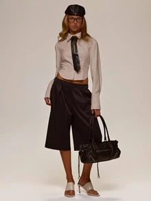 MUSERA Pleated Tailored Style Bet Loop Waist Loose Fit Low Rise Longline Shorts  Autumn Winter Fall Cute Sexy Holiday Coolgirl Butter Tailoring - Black - View 4