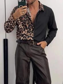 Mainfolk Men's Leopard Print Button Front Long Sleeve Casual Shirt, For Fall, Vacation, Father's Day Gifts - Multicolor - View 3