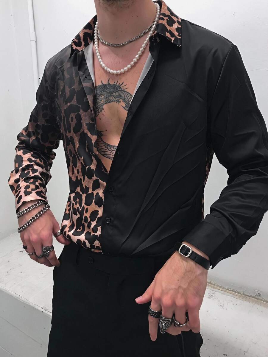Mainfolk Men's Leopard Print Button Front Long Sleeve Casual Shirt, For Fall, Vacation, Father's Day Gifts - Multicolor - View 1