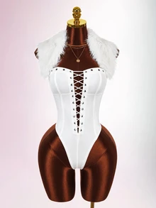 Amplova Faux Fur Collar High Elasticity Color Block Bodycon Bodycon Waist-Cinching Eyelet Ultra Short Mini Women's Bodysuit - White - View 2