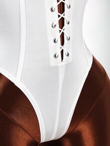 Amplova Faux Fur Collar High Elasticity Color Block Bodycon Bodycon Waist-Cinching Eyelet Ultra Short Mini Women's Bodysuit - White - View 7